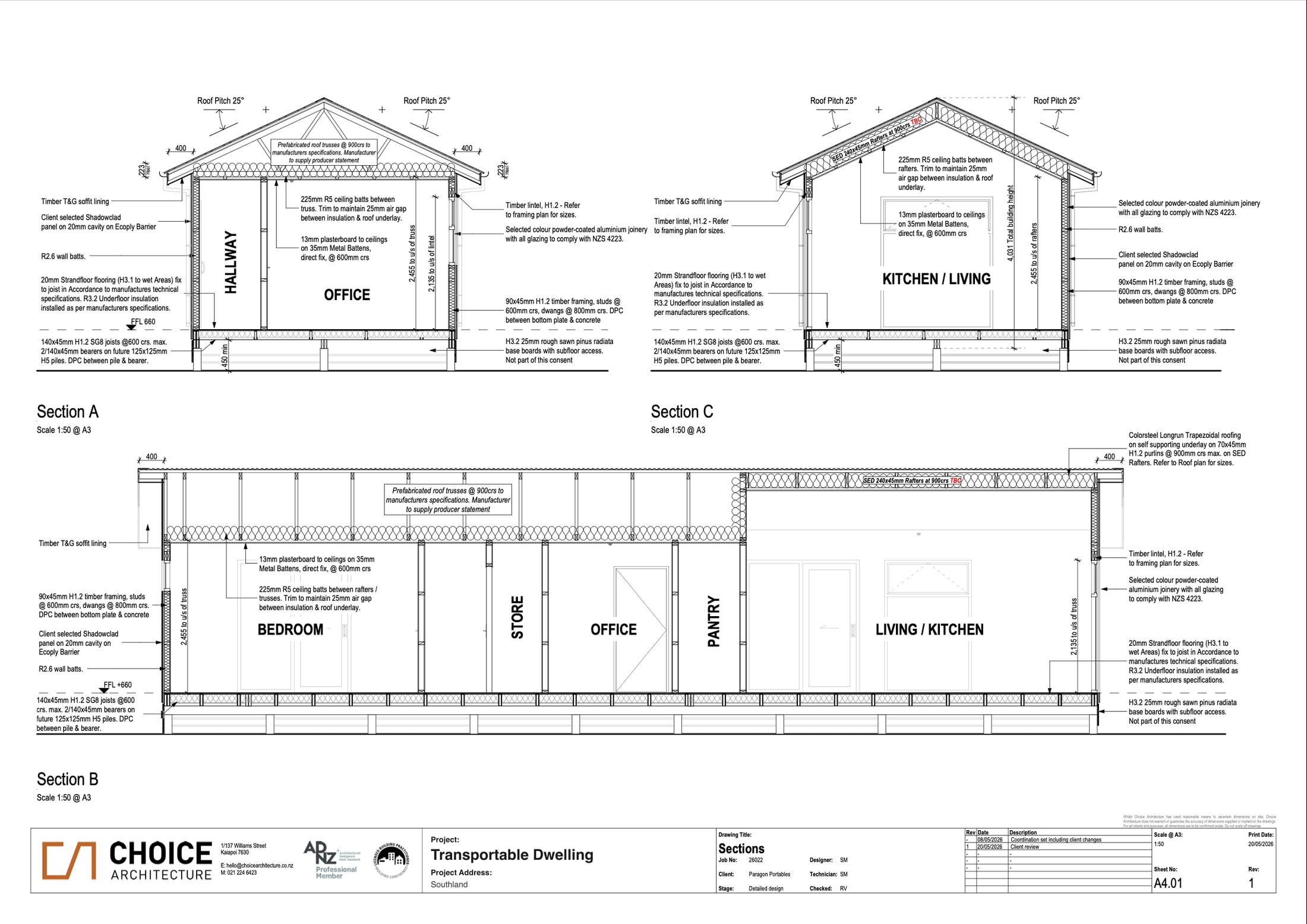 Sections through a Paragon Portables transportable dwelling, drawn by Choice Architecture for building consent