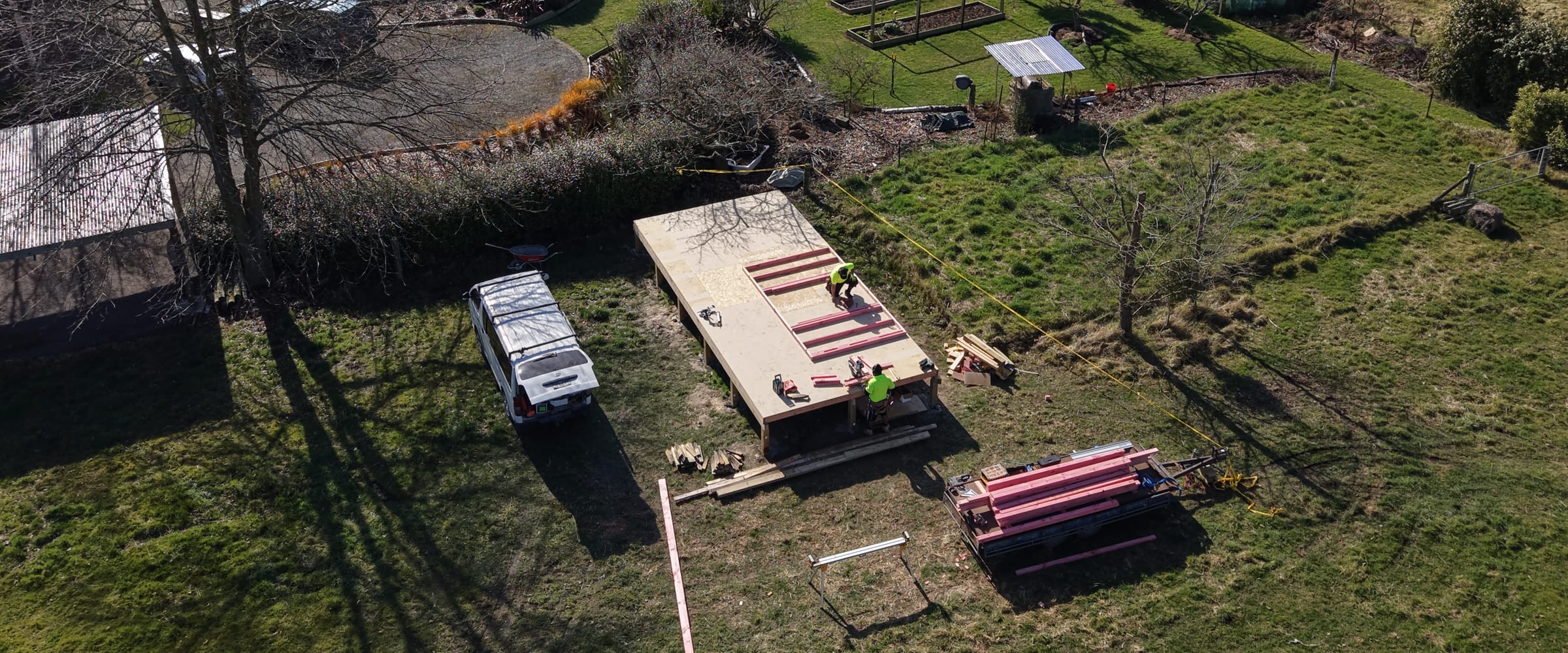 A Paragon Portables home under construction on a rural block, seen from above