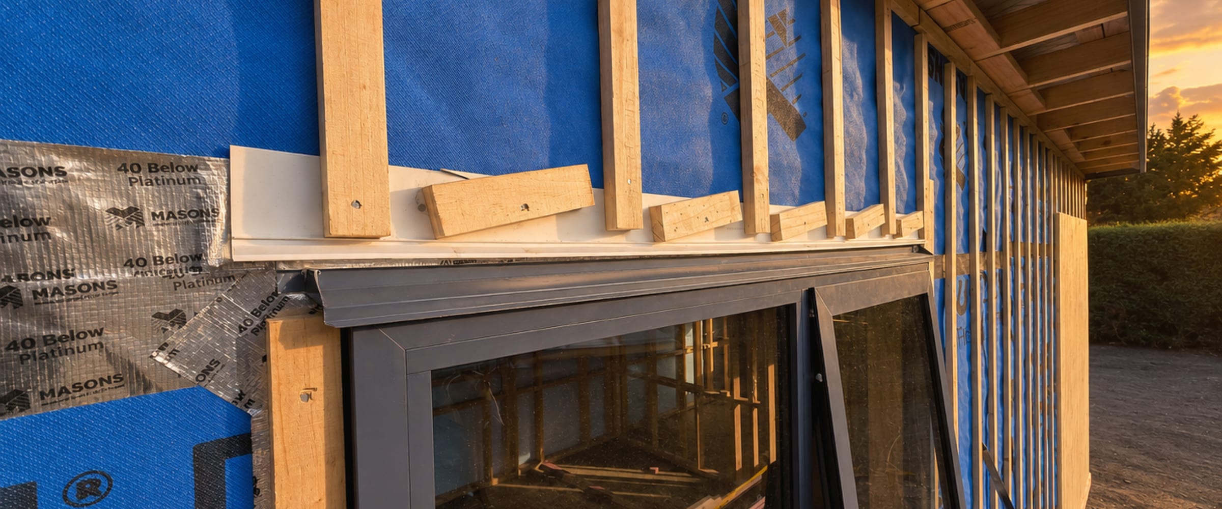 Window joinery being fitted into the wrapped framing of a Paragon Portables home