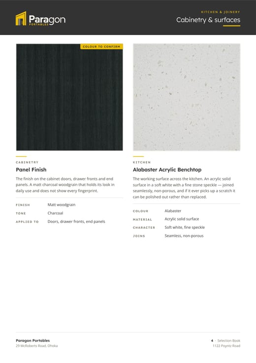 A page from the Paragon Portables selection book — cabinetry & surfaces