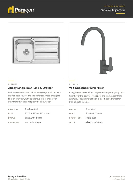A page from the Paragon Portables selection book — sink & tapware