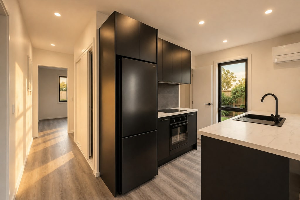 Hallway looking through to the kitchen of a Paragon Portables home