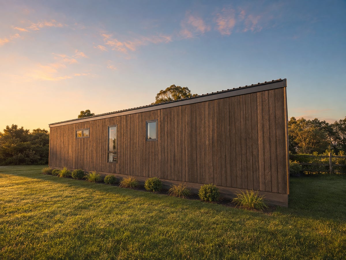 Dark-stained cedar Paragon Portables home on its site at last light