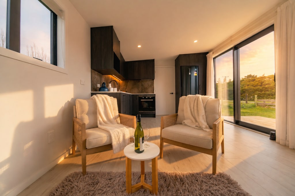 Living area with armchairs beside the kitchen in a Paragon Portables home