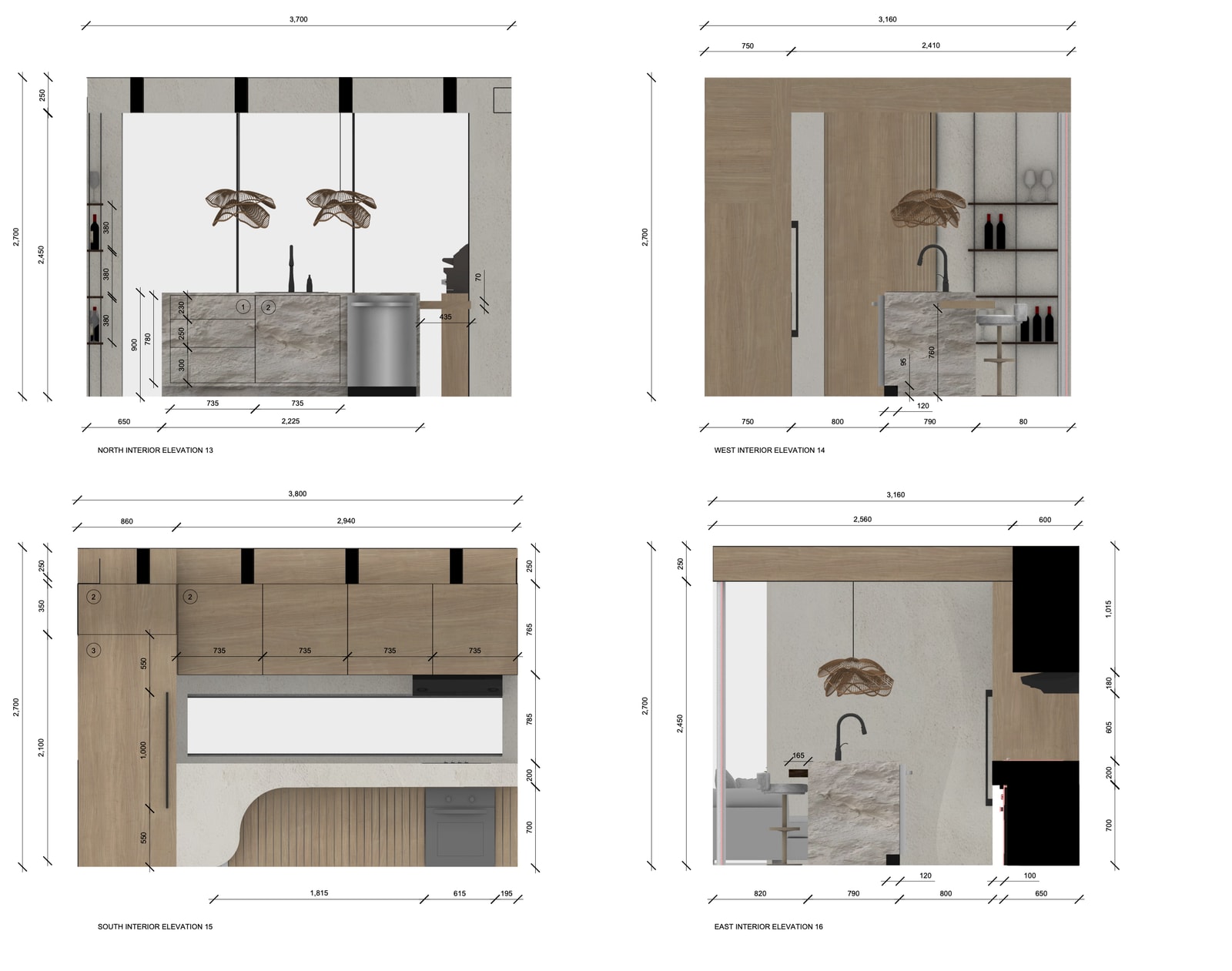 Interior elevations of the show home kitchen, dimensioned to the millimetre