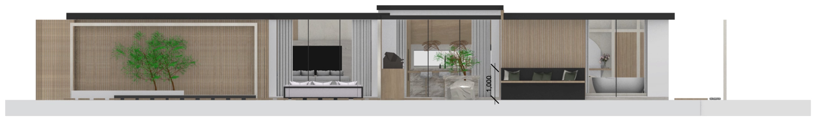 North elevation of the Paragon show home drawn as a cutaway — lounge, dining, kitchen and bathroom shown in section