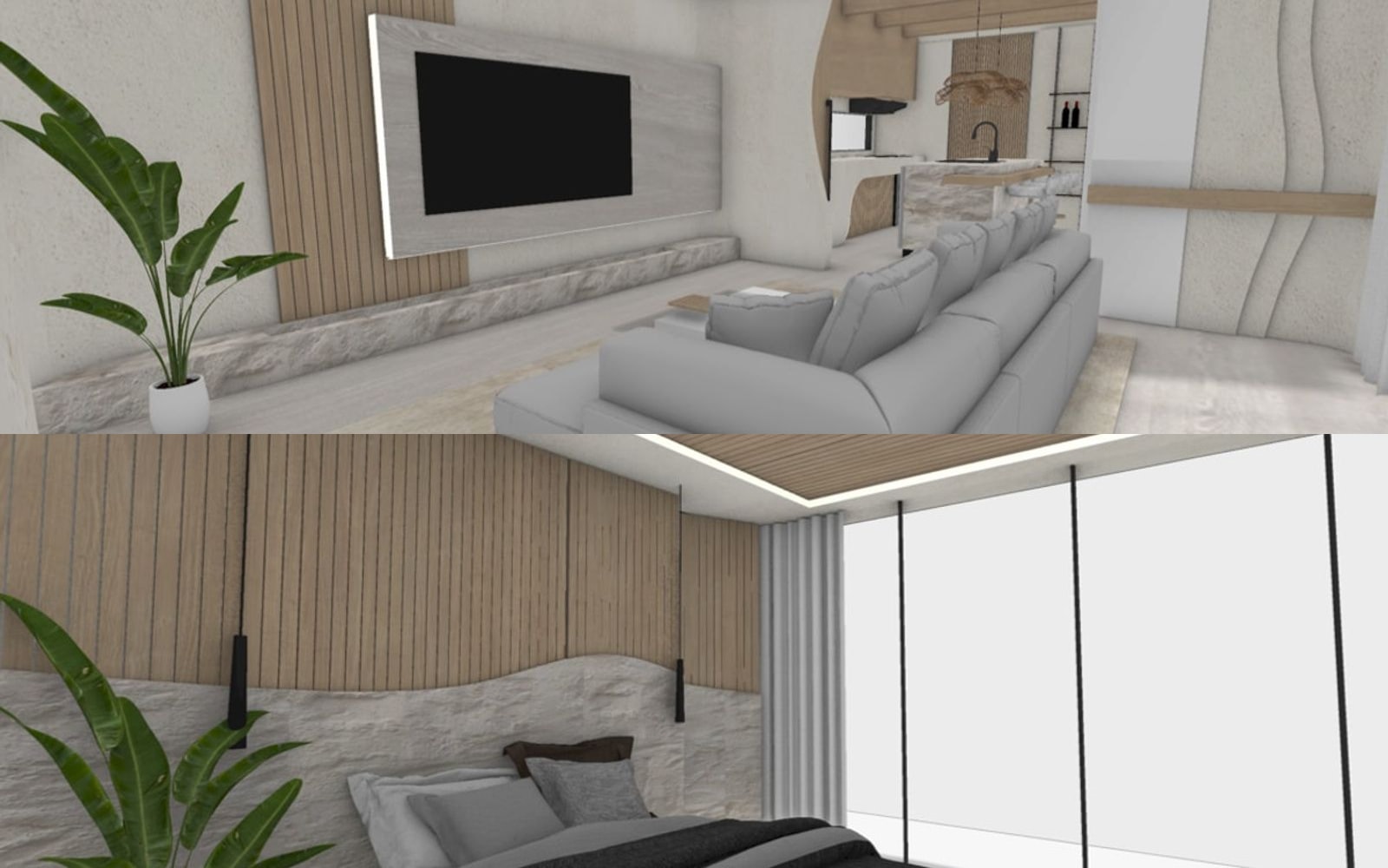 Interior perspectives of the Paragon show home — the lounge and the master bedroom