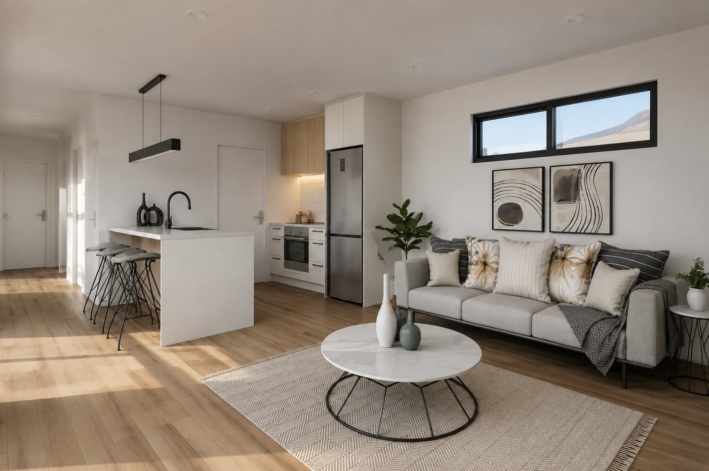 Open-plan kitchen and living in a Paragon Portables one-bedroom small home