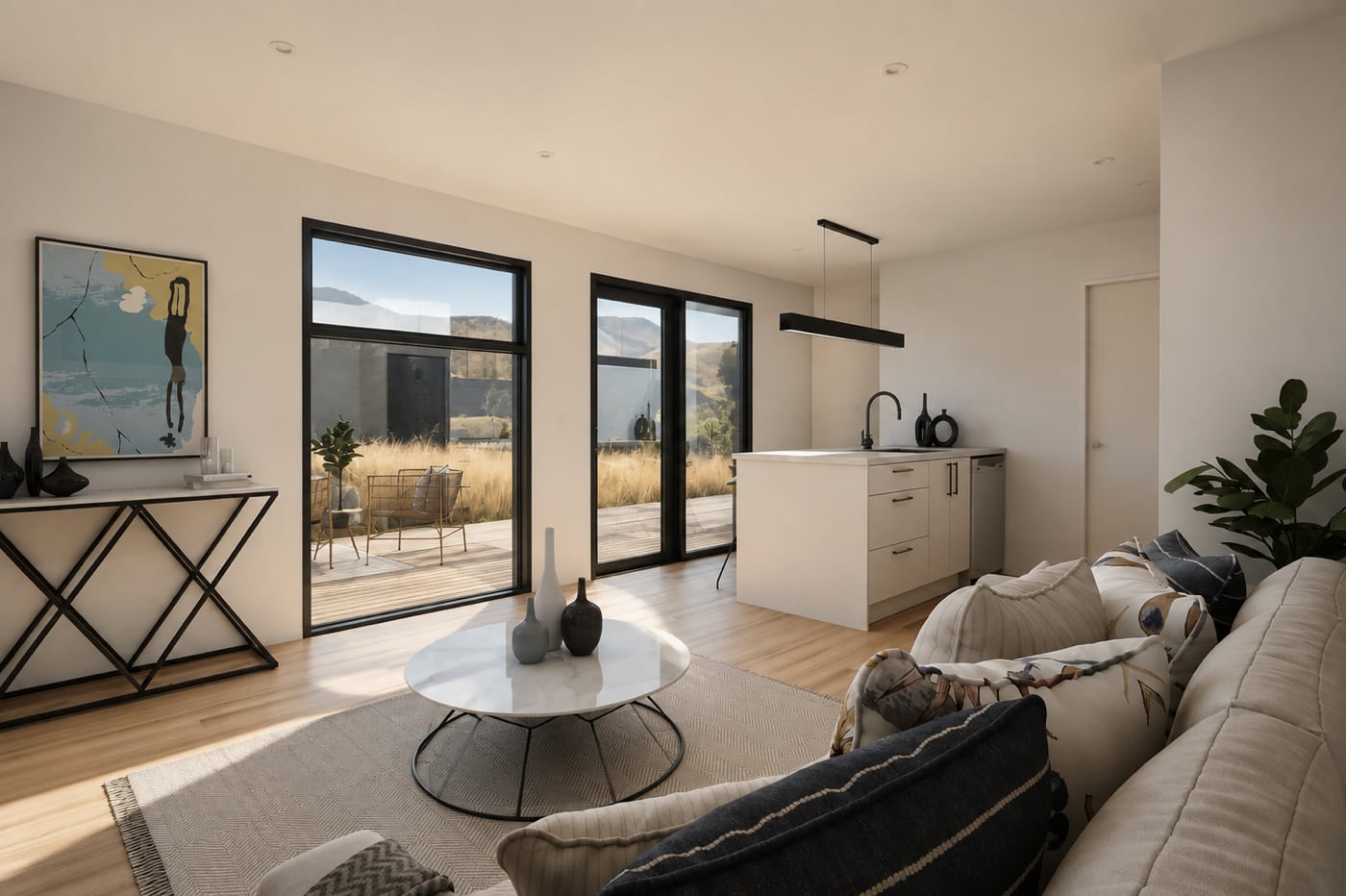 Bright living space with sliding doors in a one-bedroom Paragon Portables relocatable home