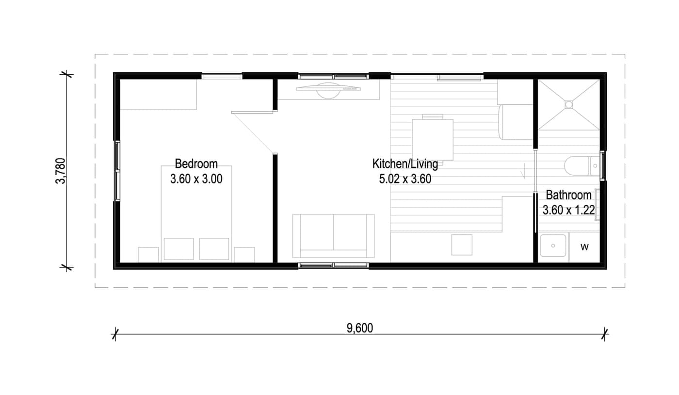 Model One Streamlined floor plan — 35 m², 1 bedroom, 1 bathroom