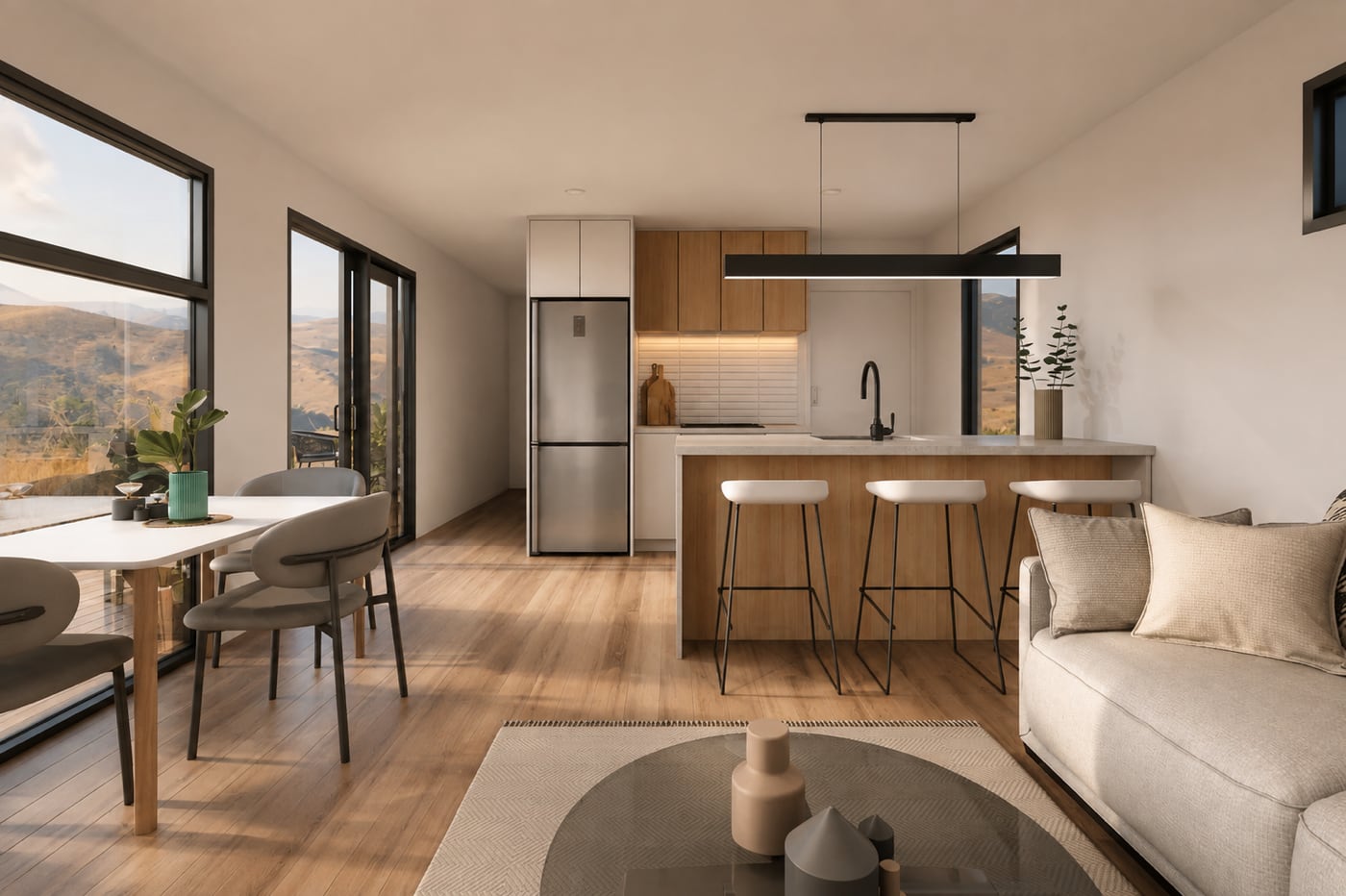 Bright modern kitchen and dining area with natural timber finishes in a Paragon Portables two-bedroom home