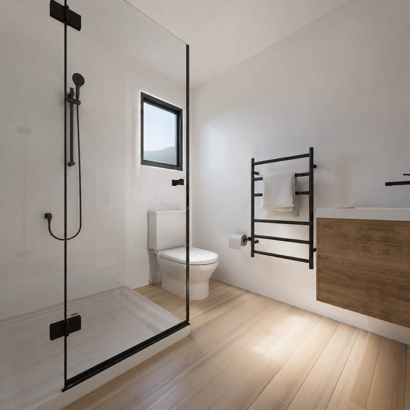 Contemporary bathroom in a Paragon Portables two-bedroom relocatable home with glass shower, timber vanity and black fixtures
