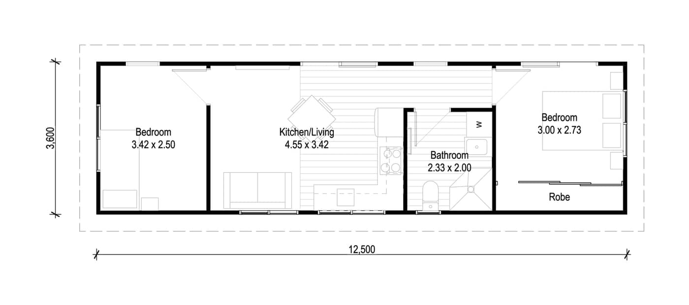 Model Two Streamlined floor plan — 45 m², 2 bedroom, 1 bathroom