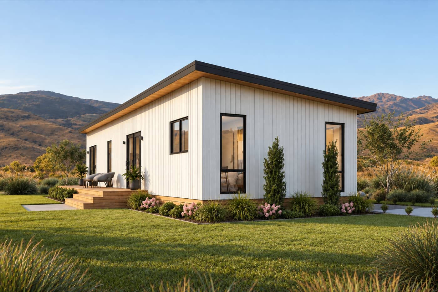 Exterior of a Paragon Portables three-bedroom transportable home with vertical white cladding and a landscaped garden
