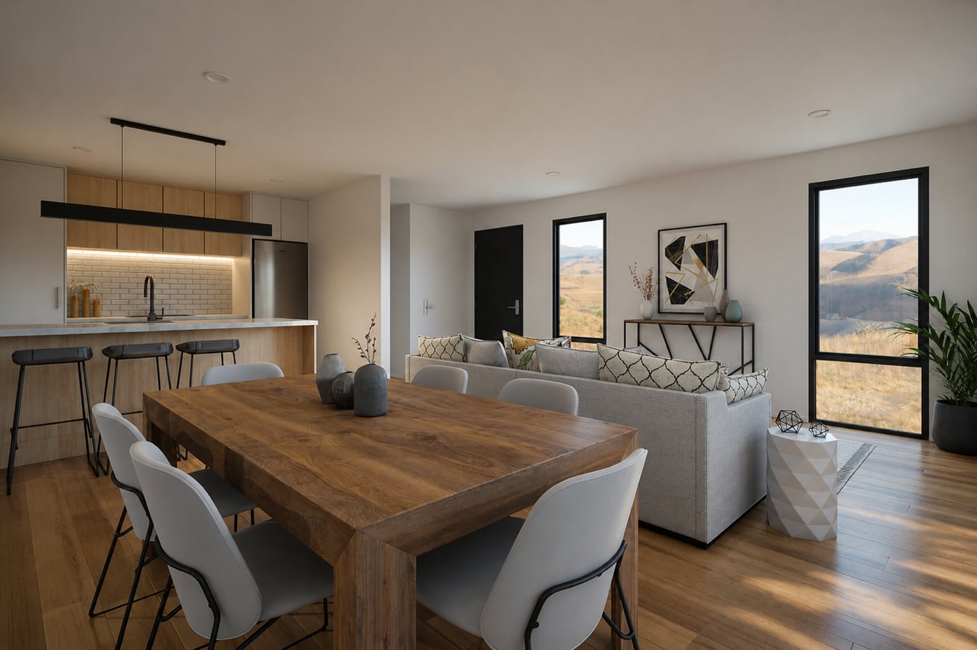 Spacious open-plan kitchen and living area in a Paragon Portables three-bedroom portable home with light timber floors