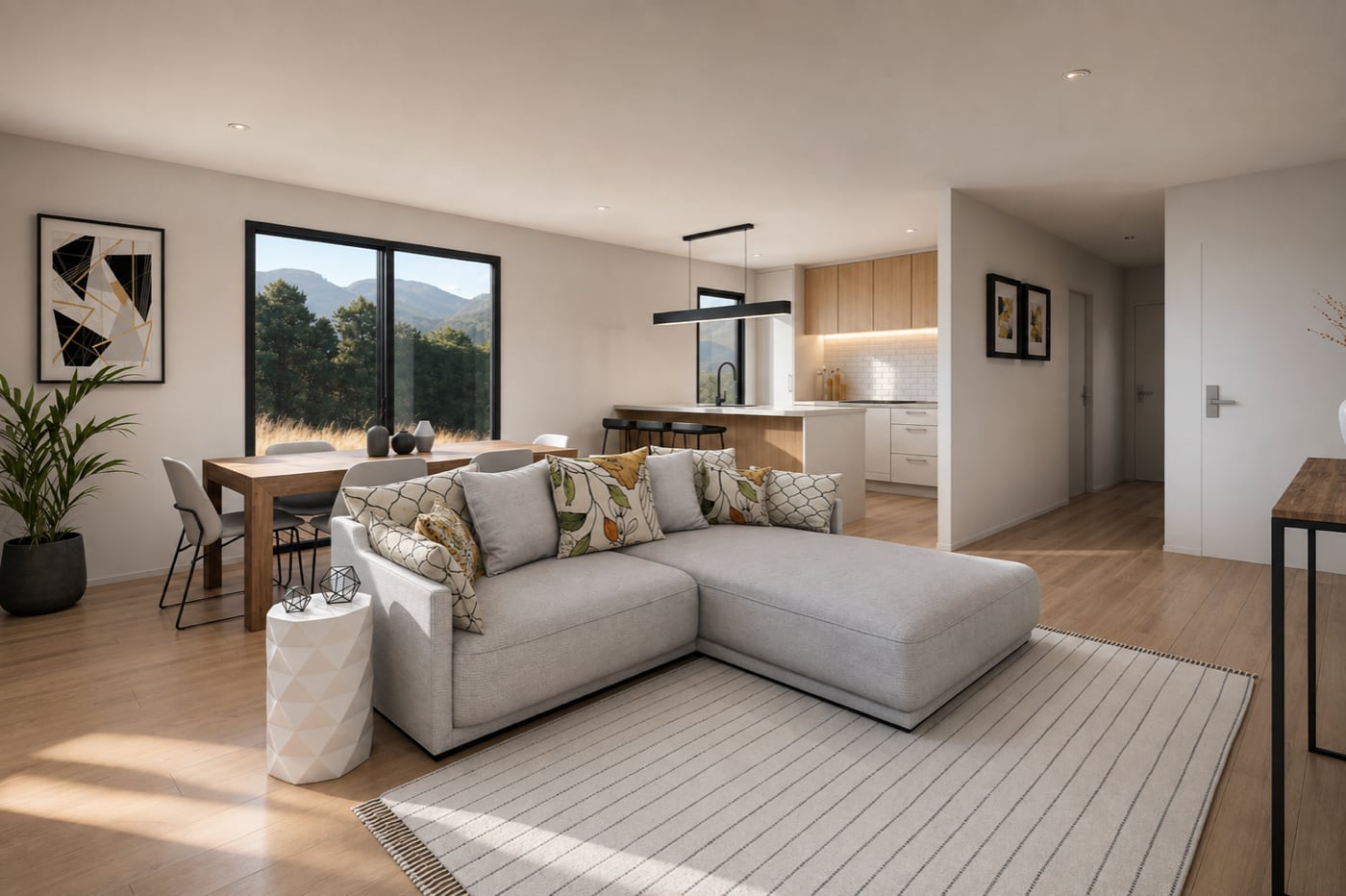 Living room and dining area in a Paragon Portables three-bedroom relocatable home, open-plan with natural light