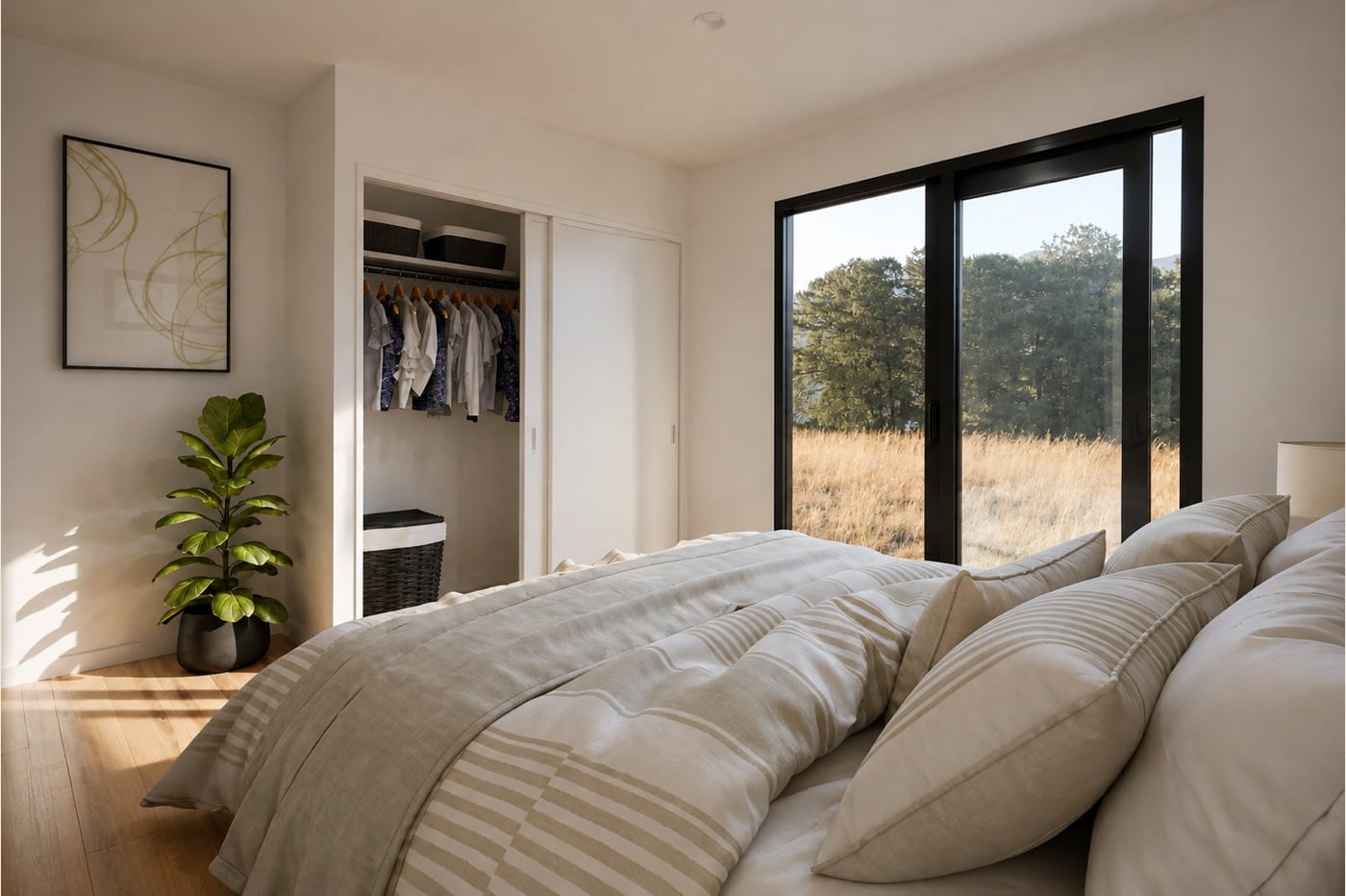 Sunny bedroom in a Paragon Portables three-bedroom portable home with built-in wardrobe and sliding doors