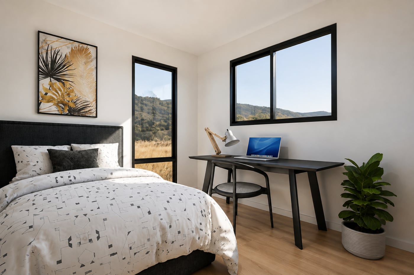 Bedroom and workspace combination inside a Paragon Portables three-bedroom relocatable home