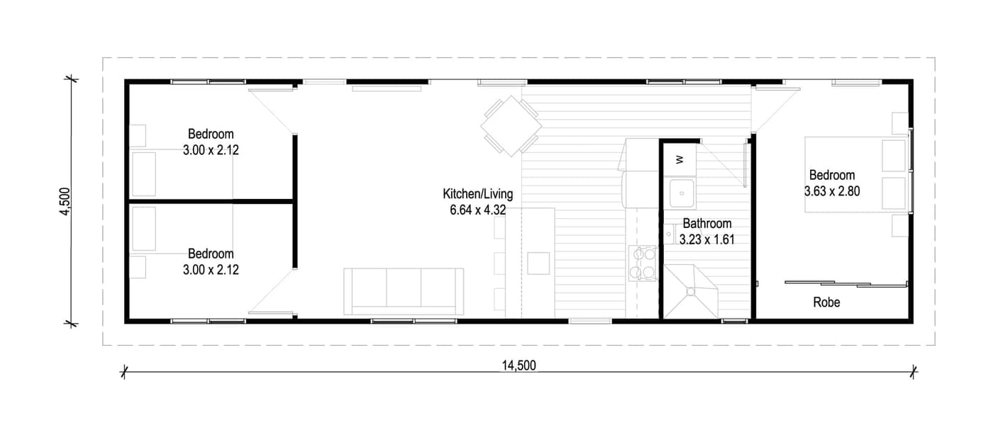 Model Three Smart Build Version floor plan — 65 m², 3 bedroom, 1 bathroom