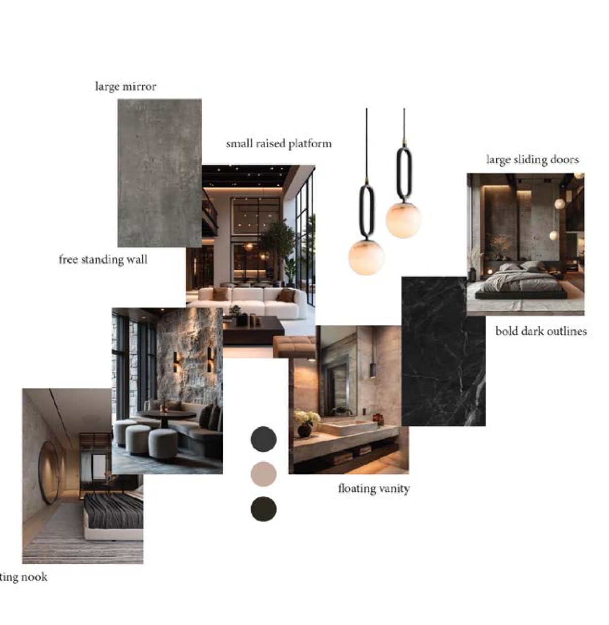 Escape Range moodboard — stone & floating forms