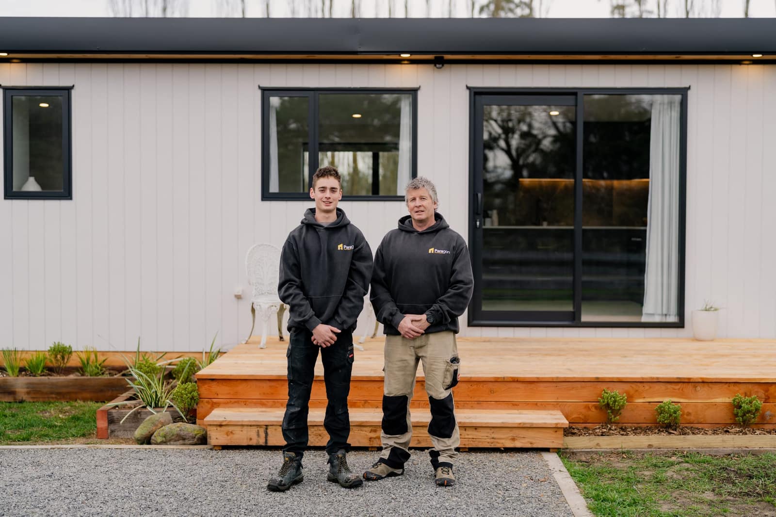 Paragon Portables builders in front of a completed portable home in Ohoka, North Canterbury