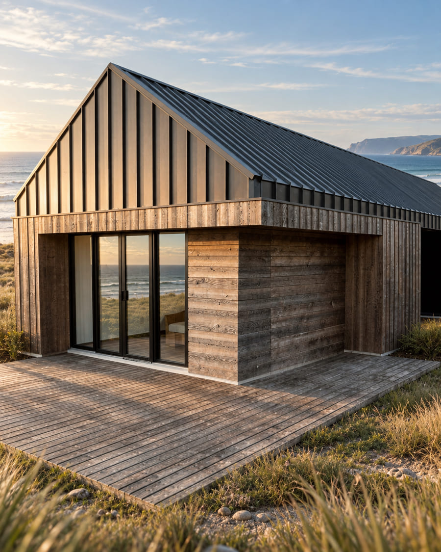 A Paragon gable home on a dune terrace above a South Island surf beach, marram grass in the foreground and a headland beyond
