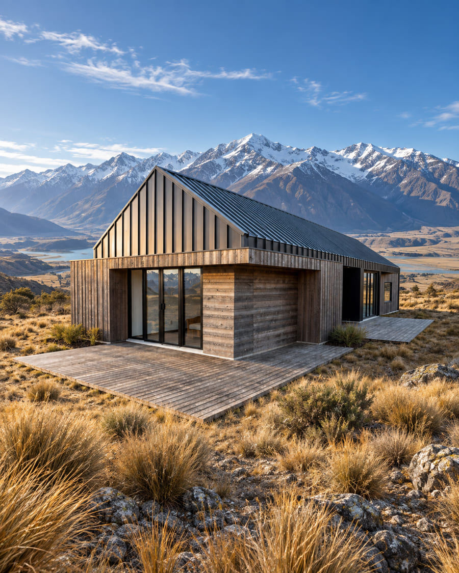 A Paragon gable home on a tussock terrace in the South Island high country with a snow-capped range behind it