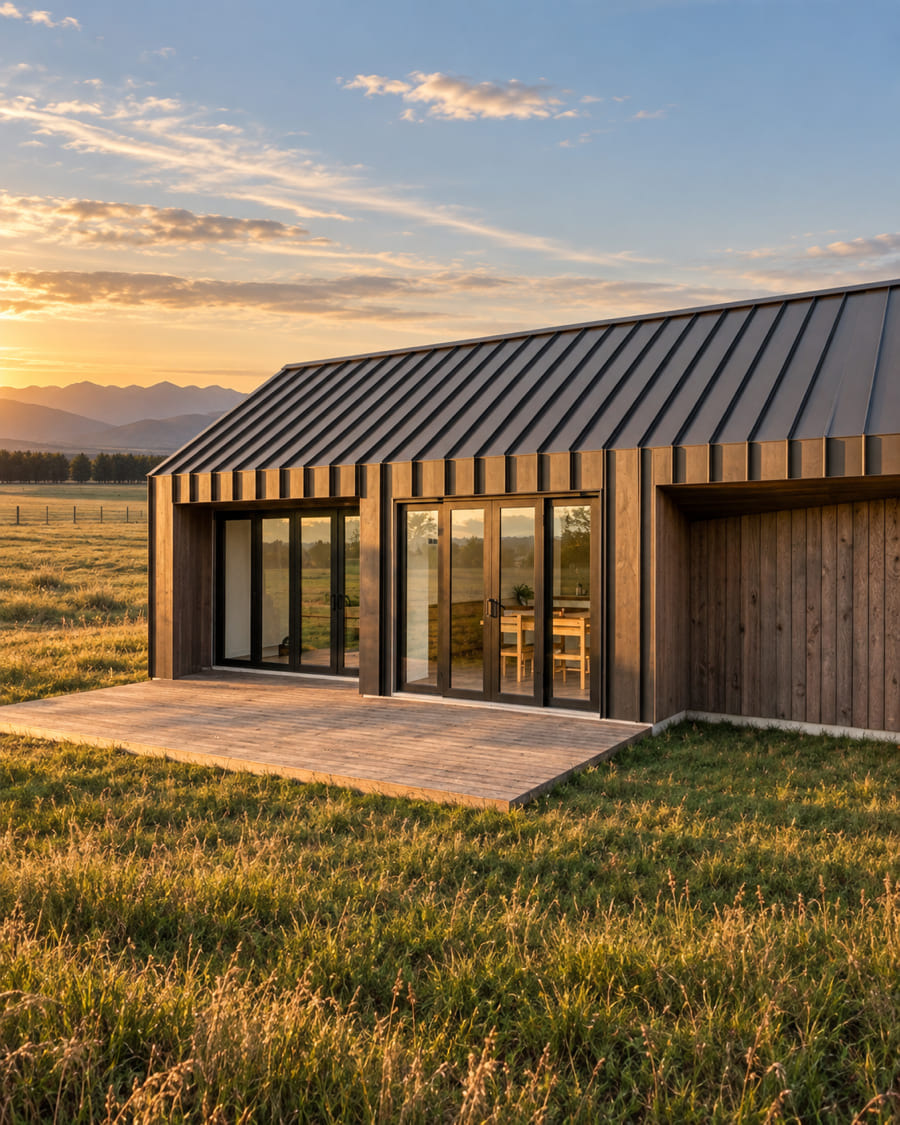 A Paragon gable home alone in an open Canterbury paddock at golden hour, a shelterbelt and the foothills on the horizon