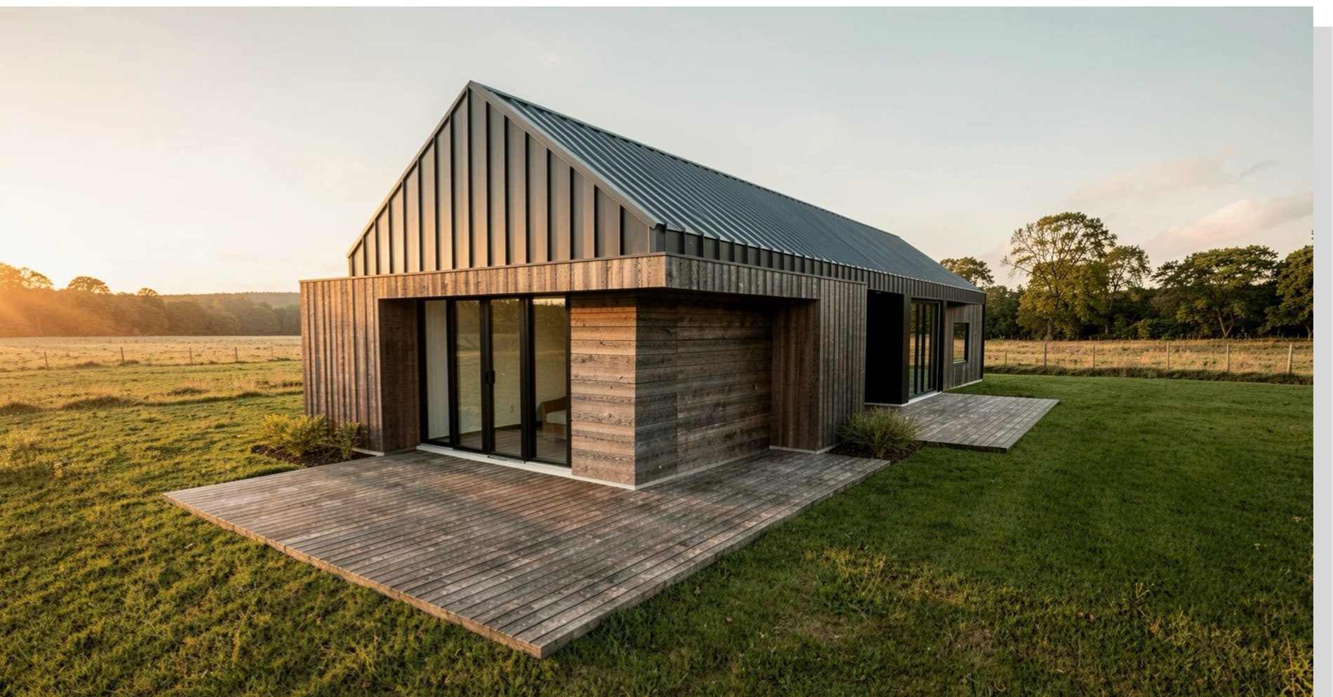 The Paragon show home from the west — vertical cedar cladding, a standing seam gable roof and a timber deck