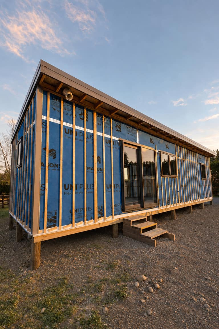 A Paragon Portables home framed, wrapped and closed in on its site at last light